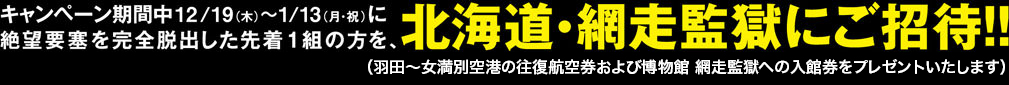 キャンペーン期間中12/19(木)~1/13(月・祝)に絶望要塞を完全脱出した先着1組の方を、北海道・網走監獄へご招待 （羽田～女満別空港の往復航空券および博物館 網走監獄への入館券をプレゼントいたします）